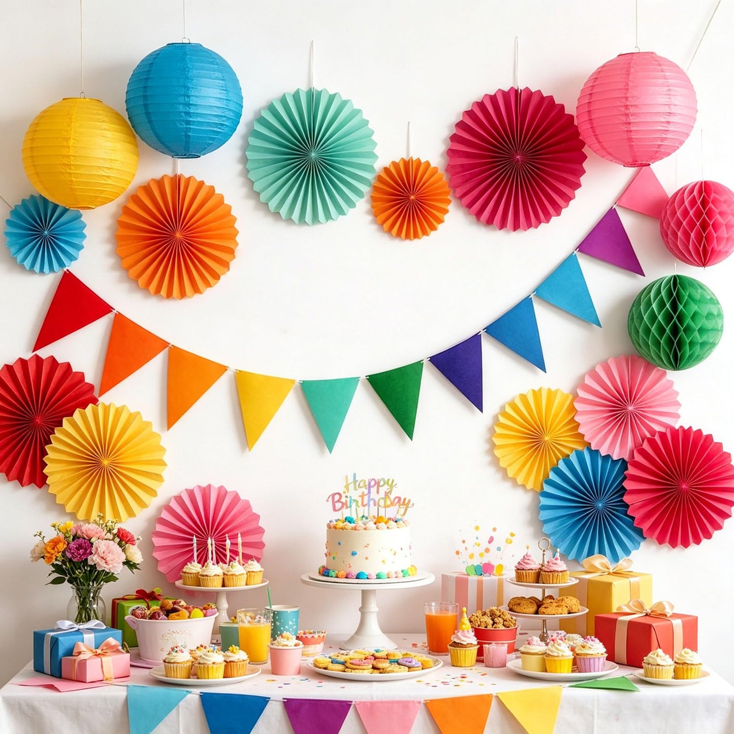 AimtoHome Rainbow Paper Round Fan Decorations,Vibrant Red Green Yellow Blue Orange Purple Hanging Fans, Fiesta Party Decor, Wedding Birthday Backdrop, Back to School Decor, Set of 12, 10", 12"