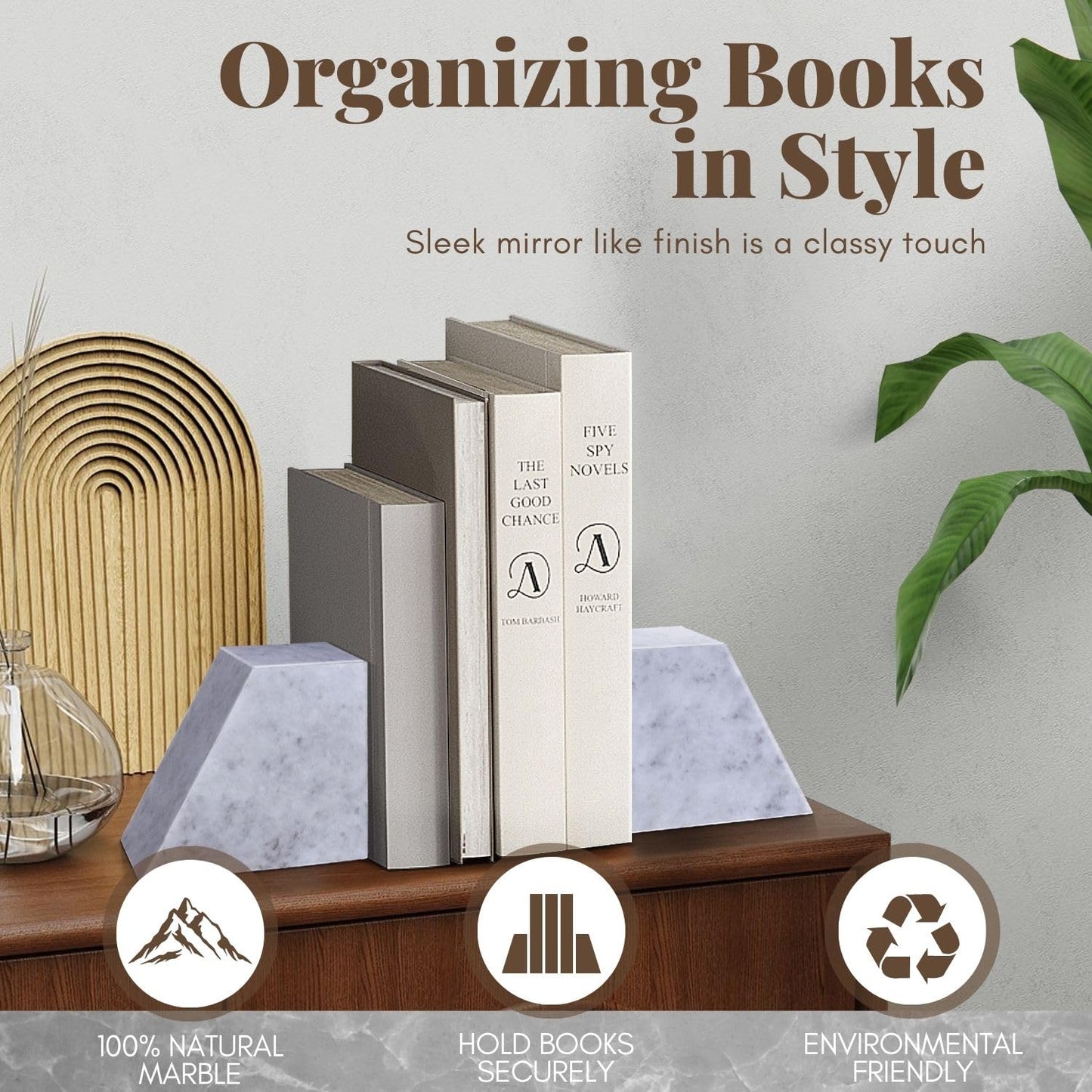 Flexzion Book Ends for Heavy Books - White Marble Bookends Decorative for Shelves, Weighted Modern Stone Marble Bookends Stopper with Non-Skid Bottom for Desk, Shelves, Kitchen and Office (Set of 2)