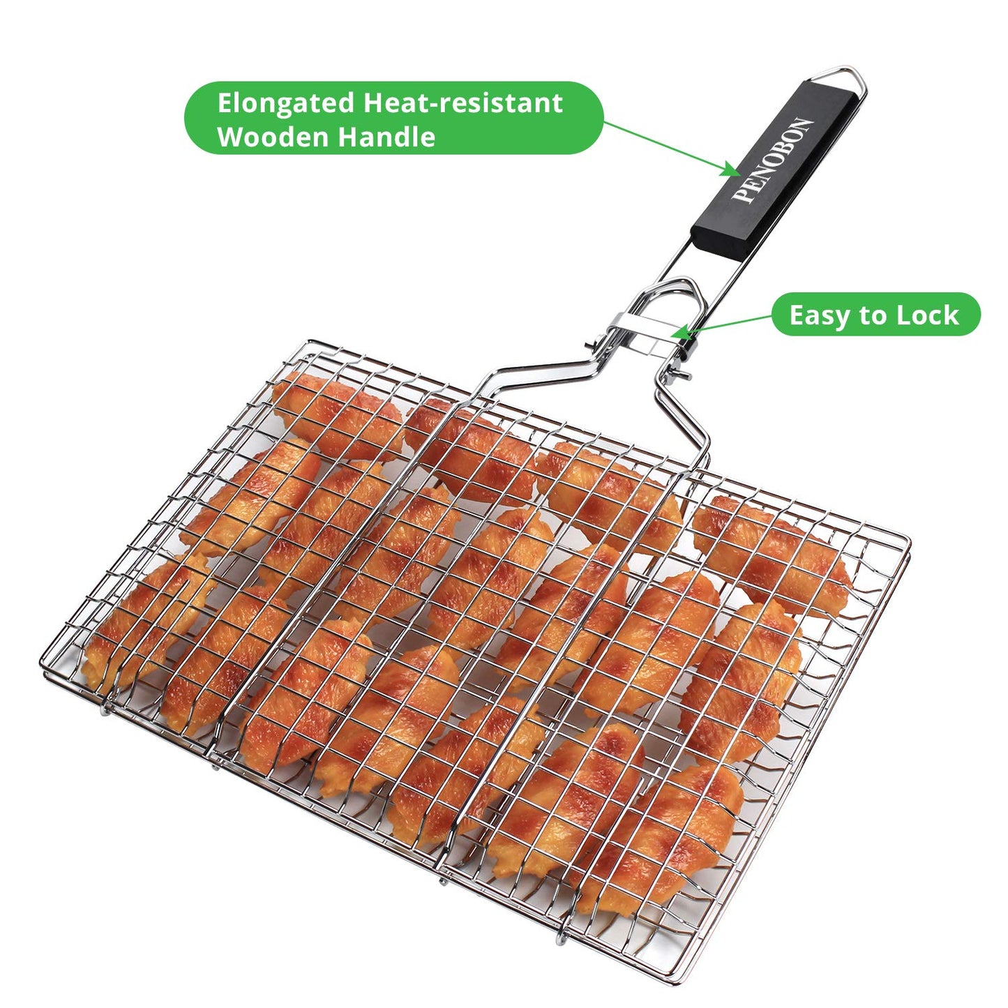penobon Fish Grilling Basket, Folding Portable Stainless Steel BBQ Grill Basket for Fish Vegetables Shrimp with Removable Handle, Come with Basting Brush and Storage Bag