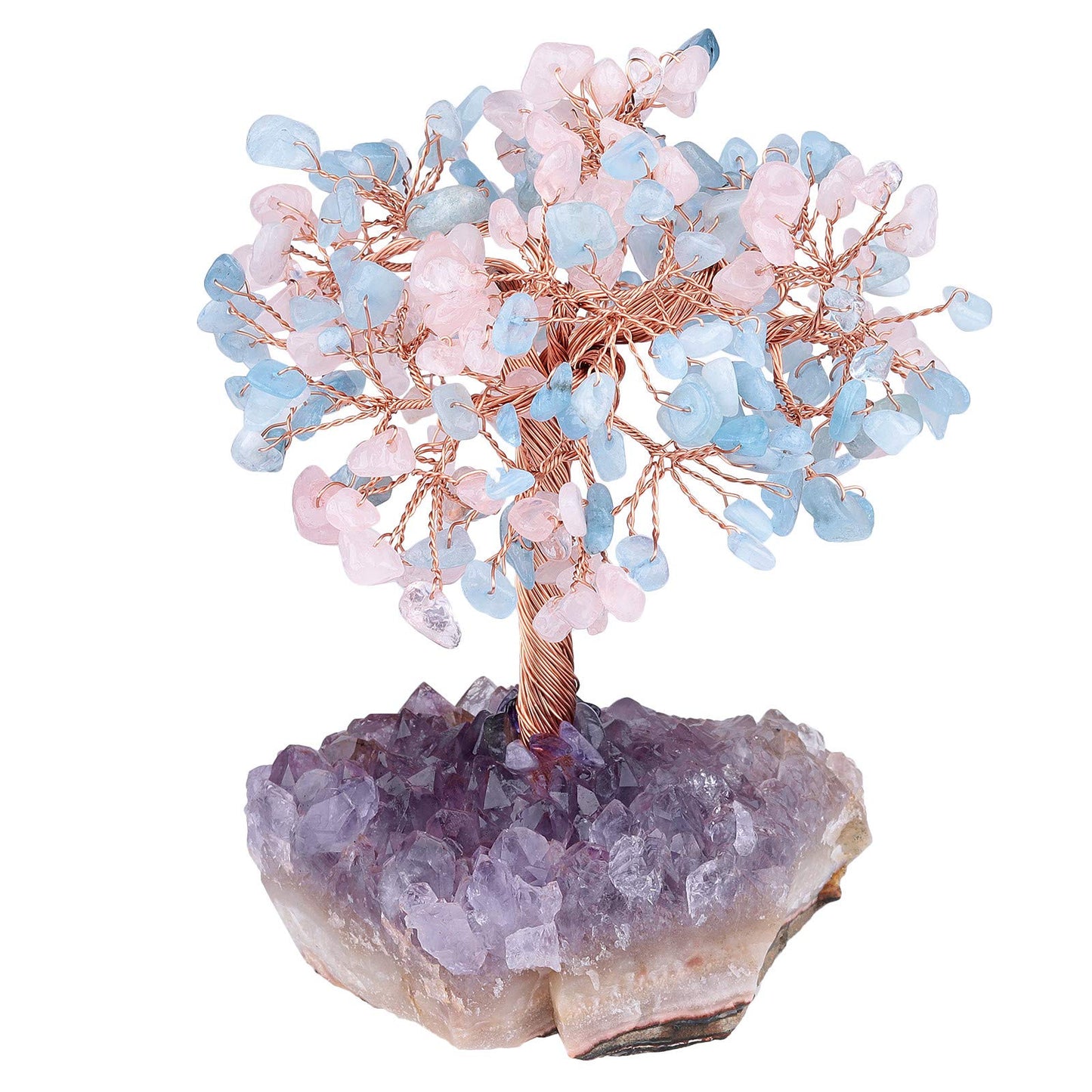 TUMBEELLUWA Natural Crystal Chips Money Tree for Good Luck and Wealth Handmade Stones Figurine Bonsai Tree with Natural Amethyst Cluster Base, Rose Quartz+Aquamarine