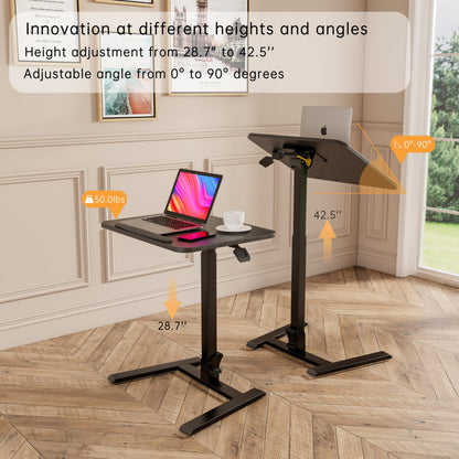 alawooder 25 Inch Mobile Folding Desk - No Assembly, Pneumatic Sit-Stand, 29-42" Height Adjustable Rolling Laptop Desk with Hidden Wheels, 0-90° Tilt Top for Home Office, Craft & Study