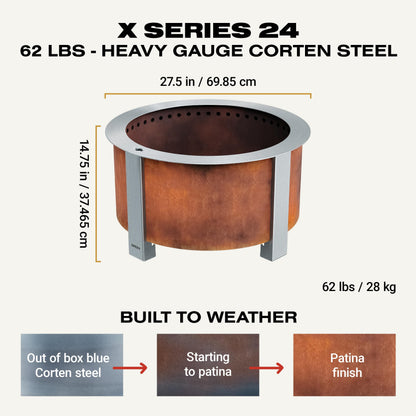 Breeo Smokeless Fire Pit (X Series 24, Corten Steel) | 27.5 inch Smokeless Firepit for Outside | 62 Pounds | Ideal for Families Compatible with Wide Range of Breeo Accessories