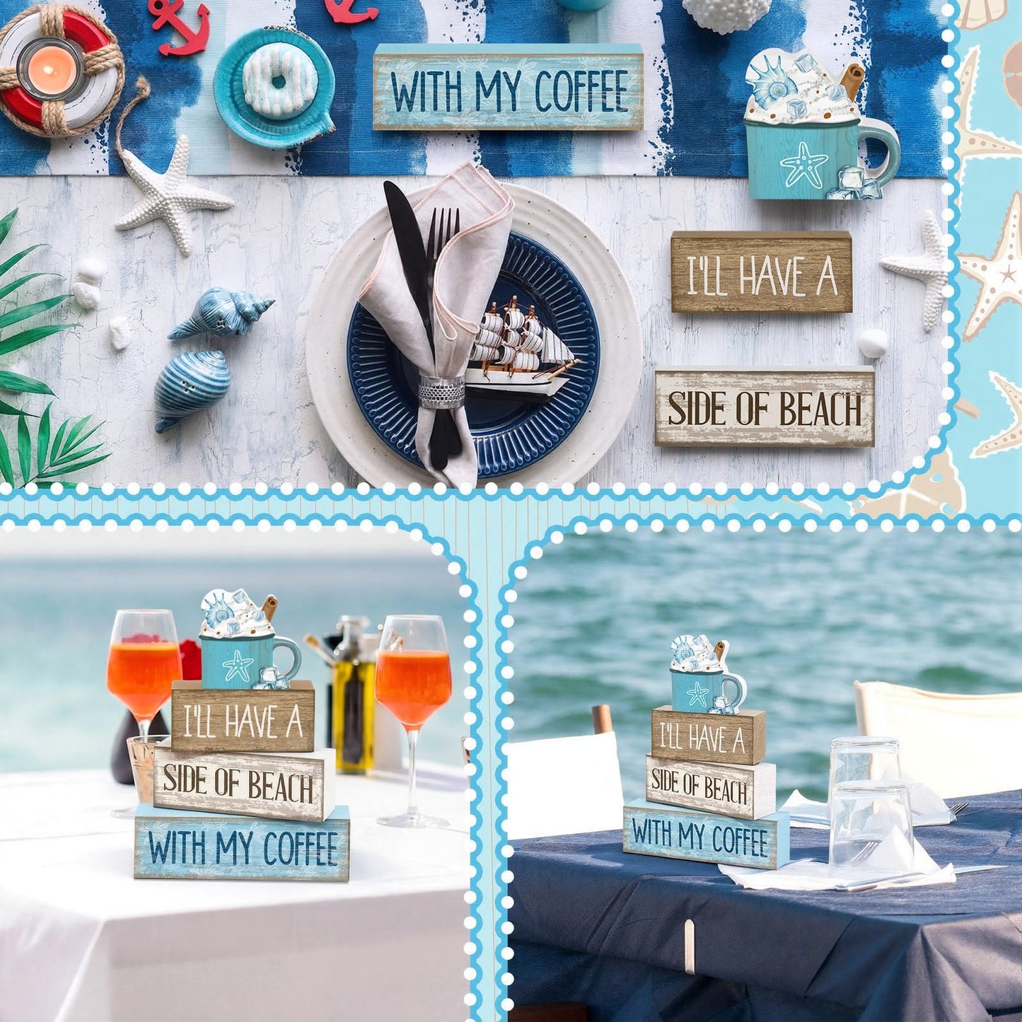 Lineshading 4 Pcs Summer Table Decorations Beach Coffee Bar Wooden Block Sign Blue Rustic Coastal Tiered Tray Decor with Coffee Cup Summer Centerpieces Decor for Beach Nautical Party Office Home