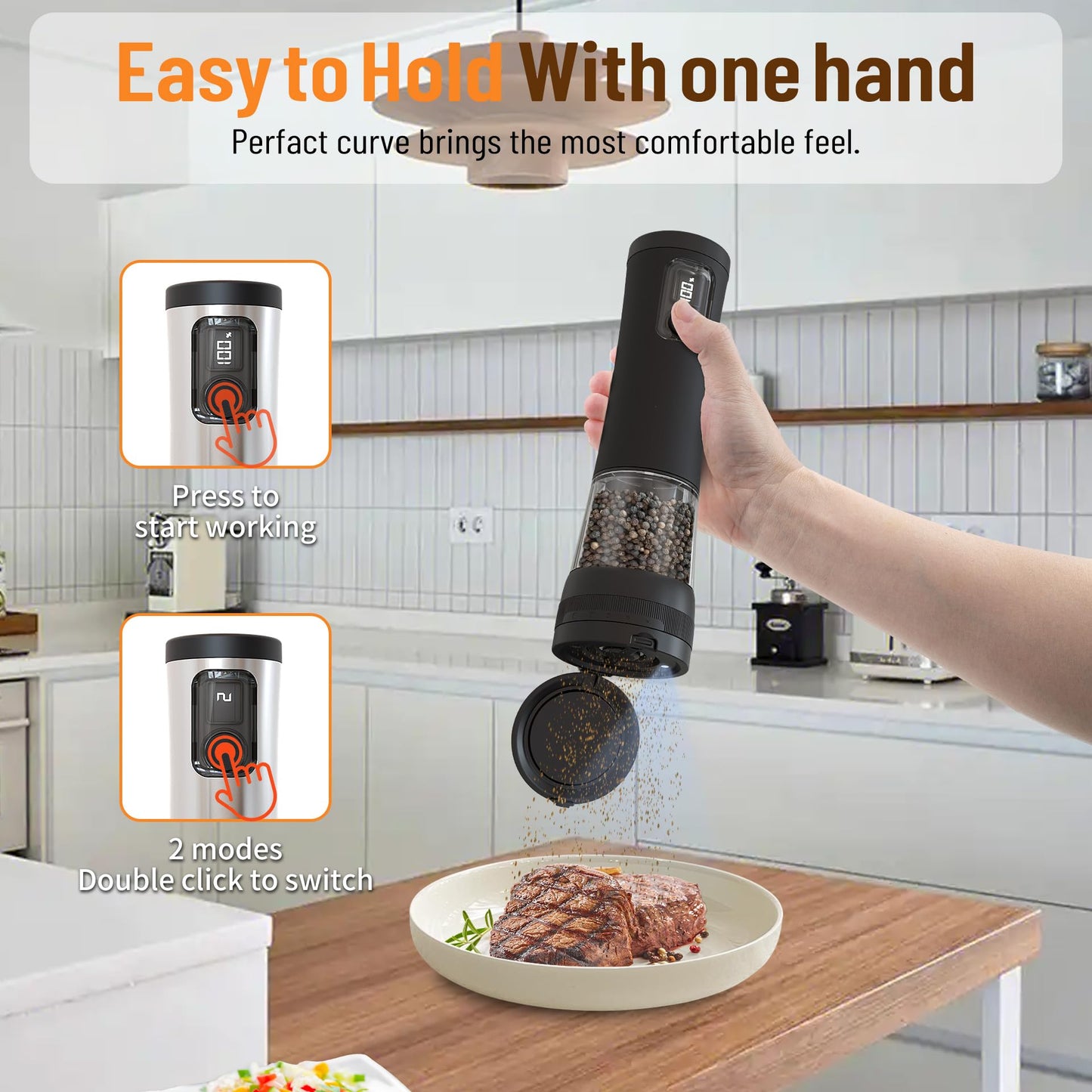 Veiliss Electric Salt and Pepper Grinder Set, Battery Display Rechargeable Base, External 5 Adjustable Coarseness, Stainless Steel Frosted Finish Automatic Mill with LED Light