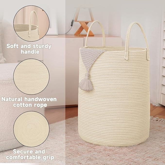 Large Woven Laundry Basket Hamper, 80L Cotton Rope Storage Bin