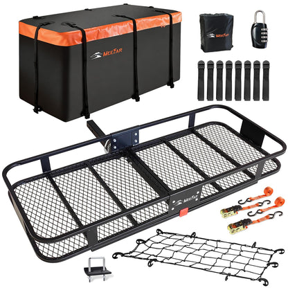Hitch Mount Cargo Carrier Basket 60"*25"*6"+Waterproof Bag 25 Cubic Feet(60"*24"*31"),and Cargo Net with Attachment Hooks,Ratchet Straps,Hitch Stabilizer.500 Lbs Capacity,Foldable,fit 2" Receiver
