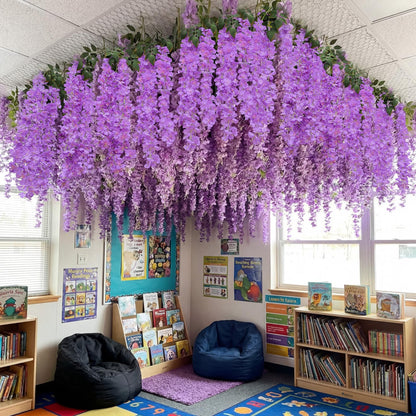 Giegxin Purple 26 Pcs 3D Wisteria Tree for Classroom Room Ceiling Wall Decor Bulletin Board Large Wisteria Garland with 5 Metal Mesh Panel Artificial Fake Hanging Flower Wedding Bedroom Backdrop