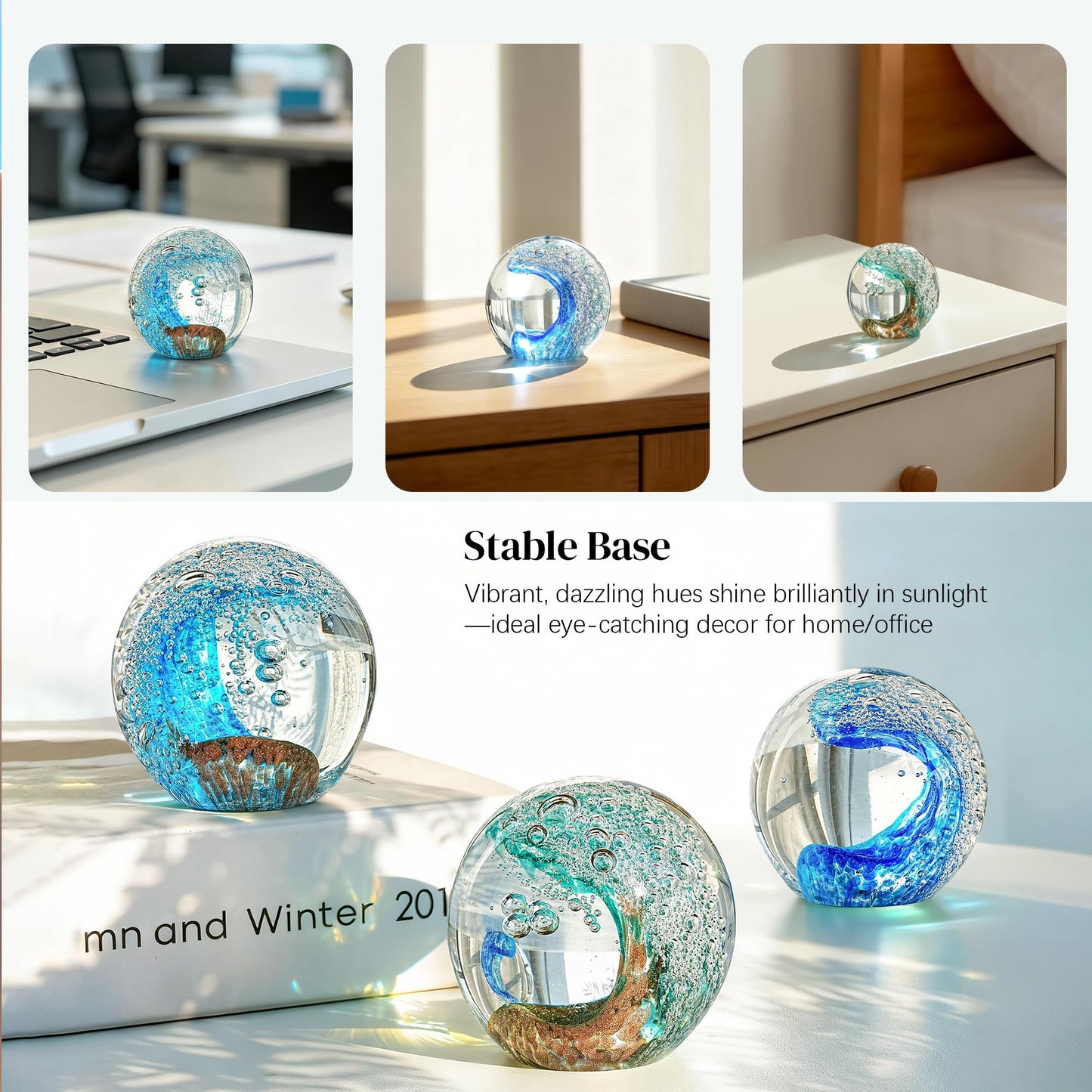 H&D HYALINE & DORA 2.3 Inch Hand Blown Crystal Ball Ocean Waves Glass Ball Paperweight Aquarium Office Decorative Balls Ocean Lovers Gifts(Green)