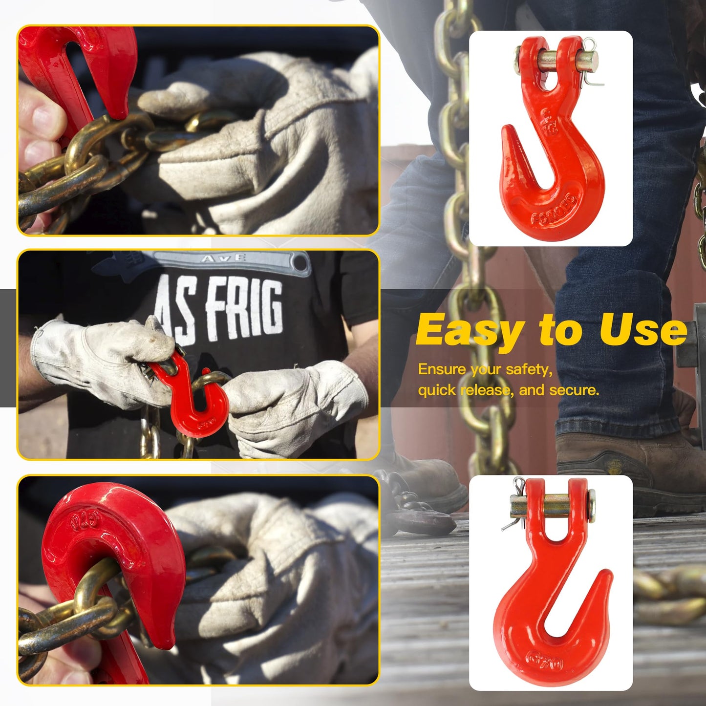 3/8" Clevis Grab Hooks (4 Pack) Heavy Duty Chain Hook for 3/8 Inch Grade 70 Chain Forged Alloy Steel- for Trailer Truck Transport - Yellow Chromate Finish - 7,500 lbs