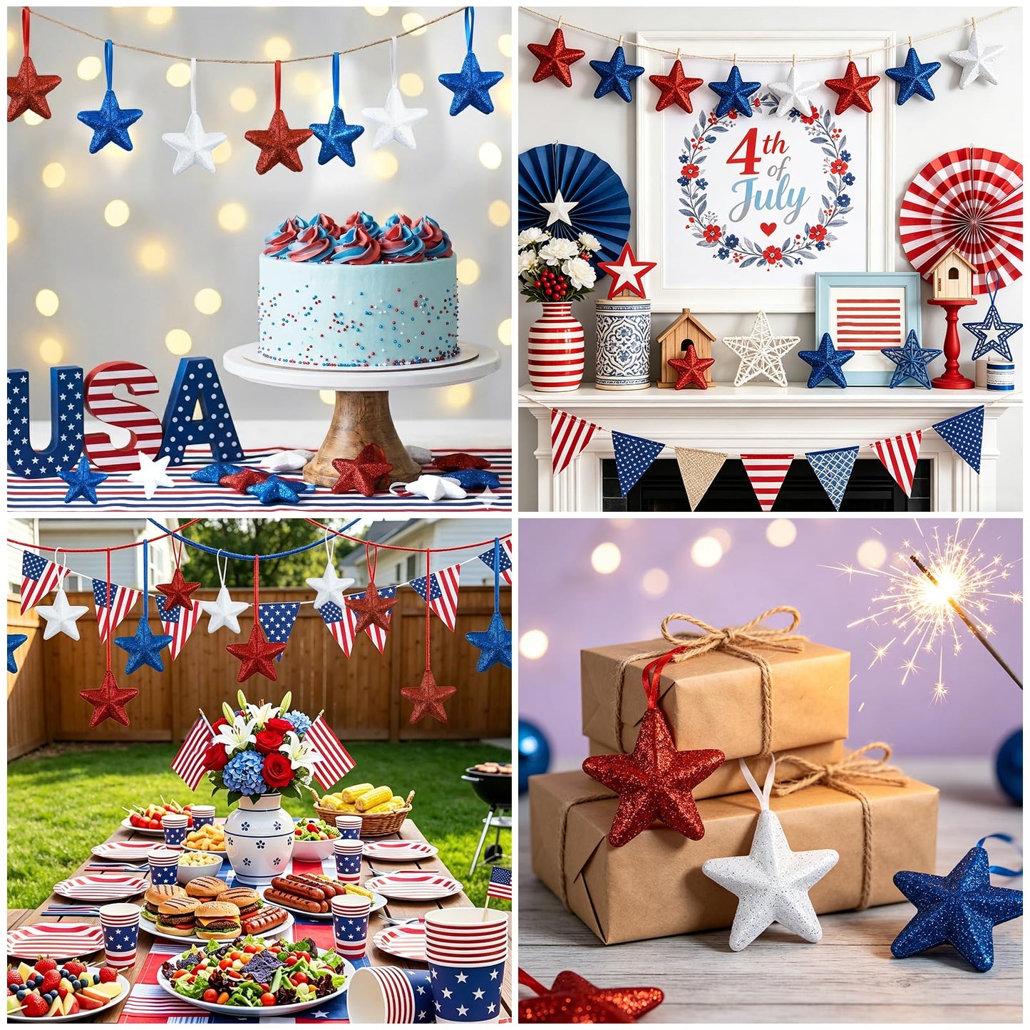 Morofme 24pcs Patriotic Star Ornaments Glitter Red White and Blue Stars to Hang Independence Day Stars Tree Decorations 250th Anniversary Star Ornaments for Home Party Veterans Day 4th of July