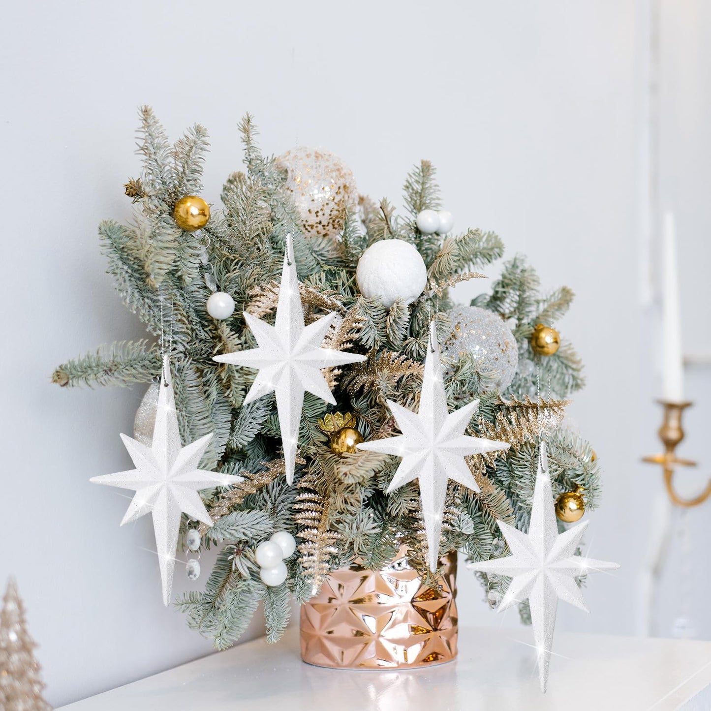 Quzzil 12 Pcs Christmas Bethlehem Star White Ornament 4.72 x 2.95 Inch Star of Bethlehem Christmas Tree Topper Glitter Ornament Plastic Nativity Stars Hanging Decor Accessories