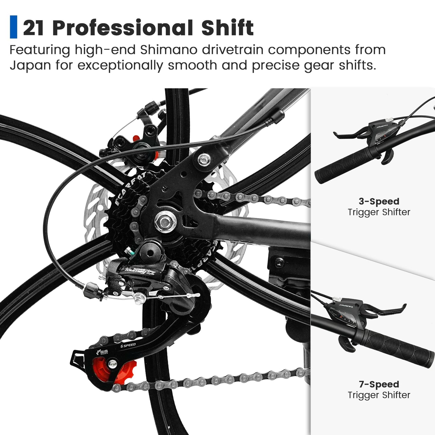 Rycheer Ecarpat 26 Inch Mountain Bike Full Suspension, 21 Speeds Dual Disc Brake, 6 Spokes Men Women Mountain Bike, Durable Carbon Steel Bicycle, Adult Trail Beach Snow Commuter City Bikes