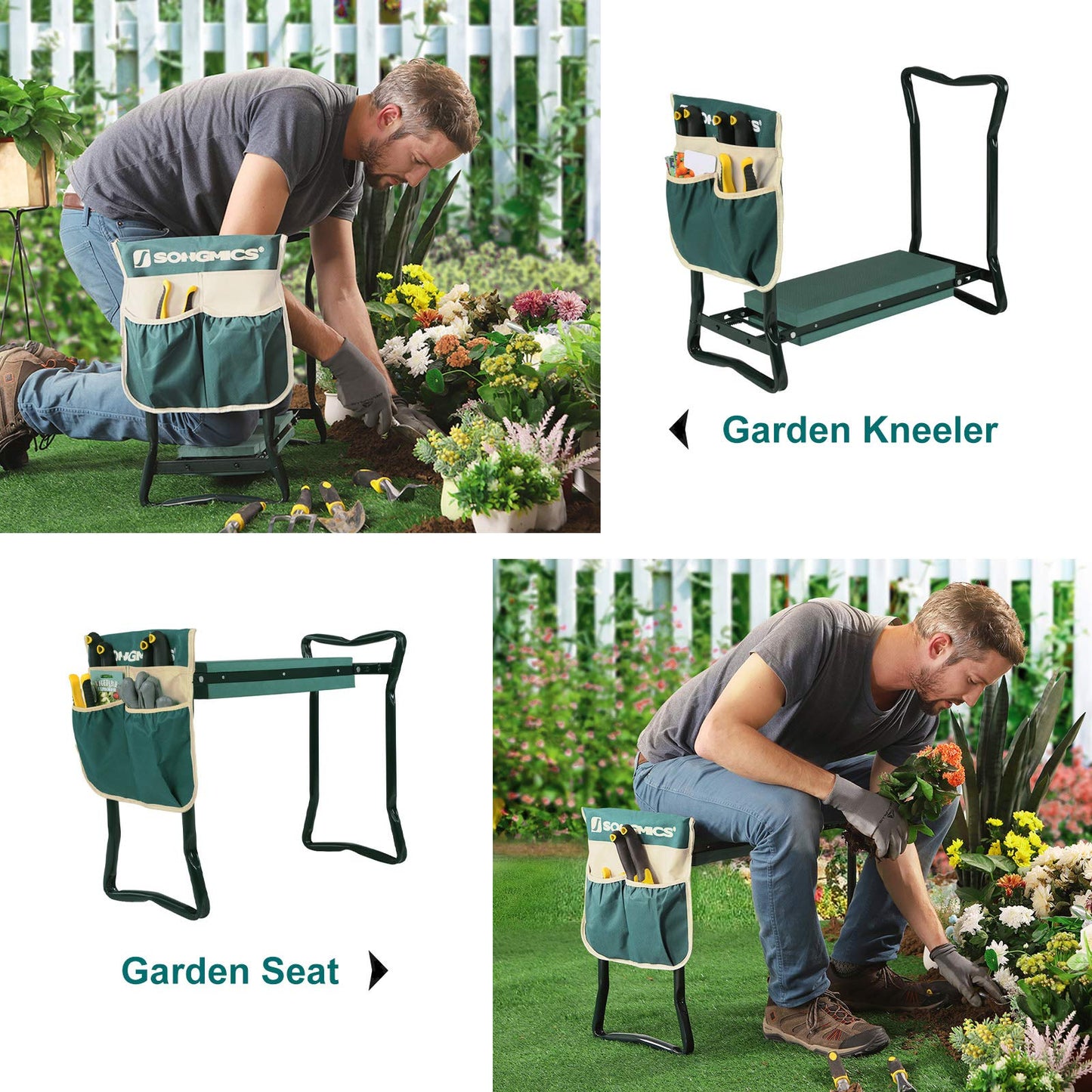 SONGMICS Garden Kneeler and Seat, Multifunctional Garden Kneeling Bench, Gardening Gifts for Women Men, Folding Gardening Stool, with 1 Tool Bag, 6-Inch Wide Kneeling Pad, Dark Green UGGK49L