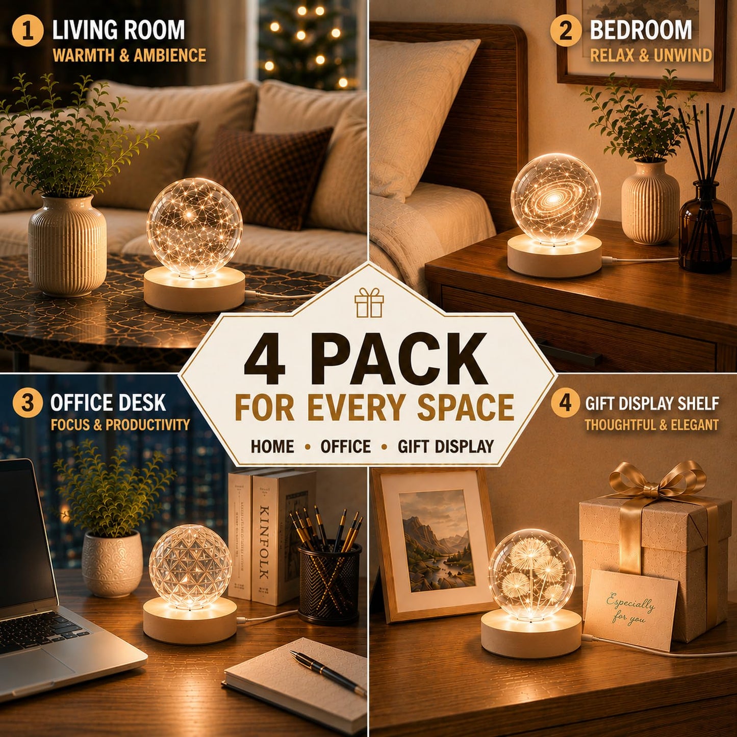 Sileasncei 4 Pack Wooden LED Light Display Base with Switch, 3.9” Round Warm Light Stand for Crystal Glass Ball Figurine, USB Powered Lighted Holder for Resin Crafts, Art Decoration