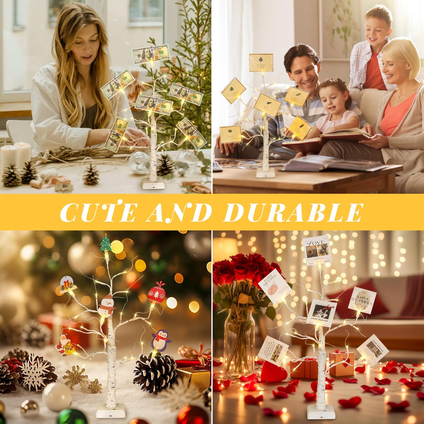 Money Tree Gift Card Holder 24 LED Birch Tree Lamp Battery/USB Powered Light Up White Trees Gift Card Holder with 6 Clips and 6 Greeting Cards for Photo Birthday Christmas Graduation Decor