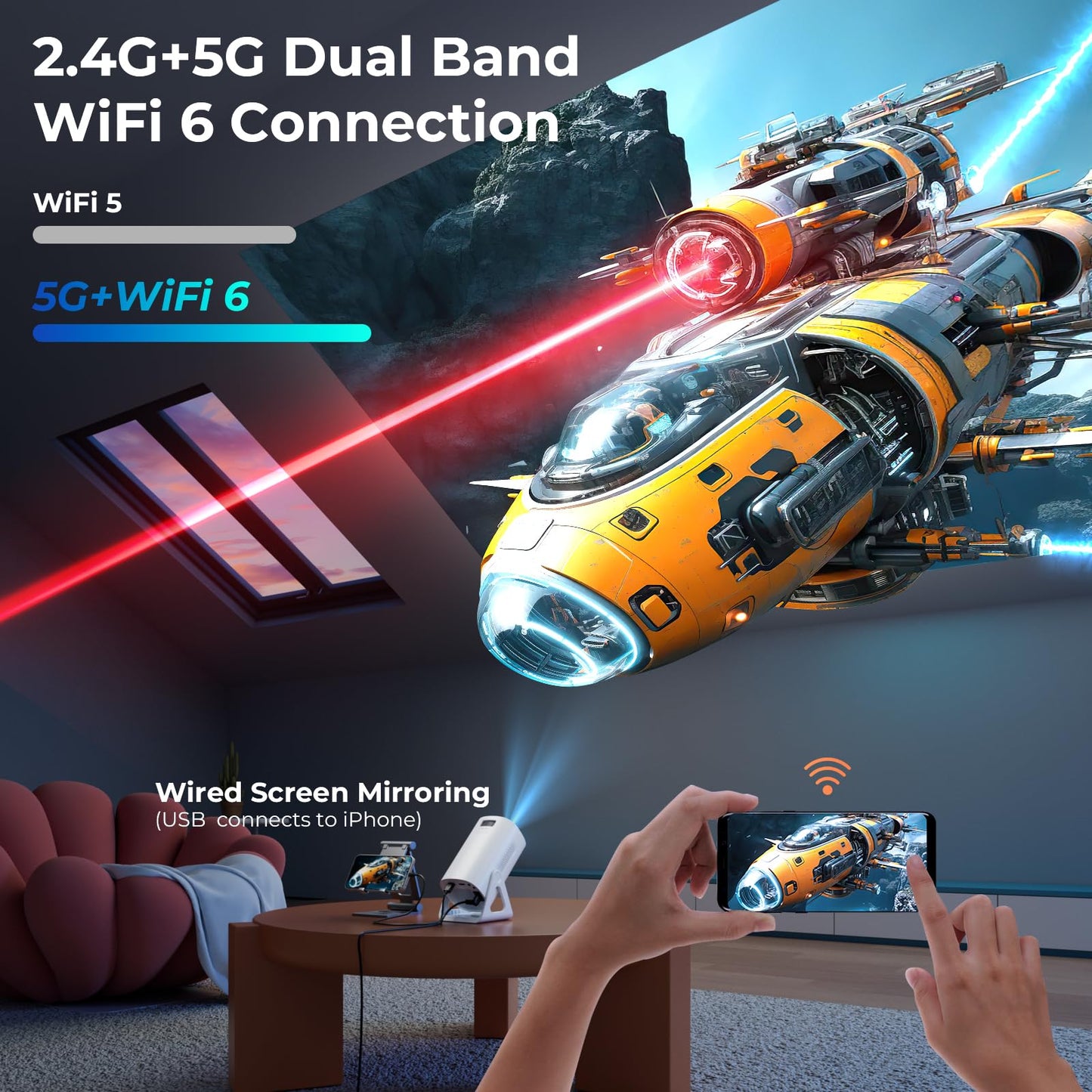 TransarJect Portable WiFi and Bluetooth Projector - 4K 1080P Supported Android Smart Mini Movie Projector, 270°Adjustable Stand Outdoor Home Star Projector with Ambient Light for Phone TV Stick Laptop