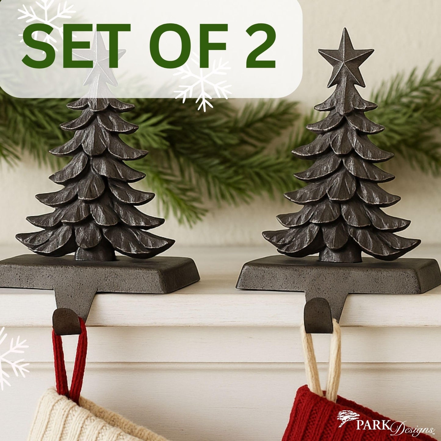 Park Designs Christmas Tree Stocking Hanger Set of 2 | 6" x 0.5" x 6" Cast Metal Mantel Hooks | Iron Finish Holiday Stocking Holders | Rustic Fireplace Décor for Farmhouse or Lodge Christmas Displays