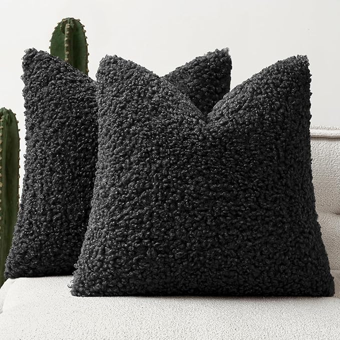Faux Fur Throw Pillow Covers 18x18 Inch Set of 2 Boucle Neutral Decorative