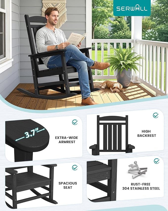 SERWALL HDPE Outdoor Rocking Chair Set of 4, Patio Rocking Chairs, All-Weather Porch Rockers for Adults, Black