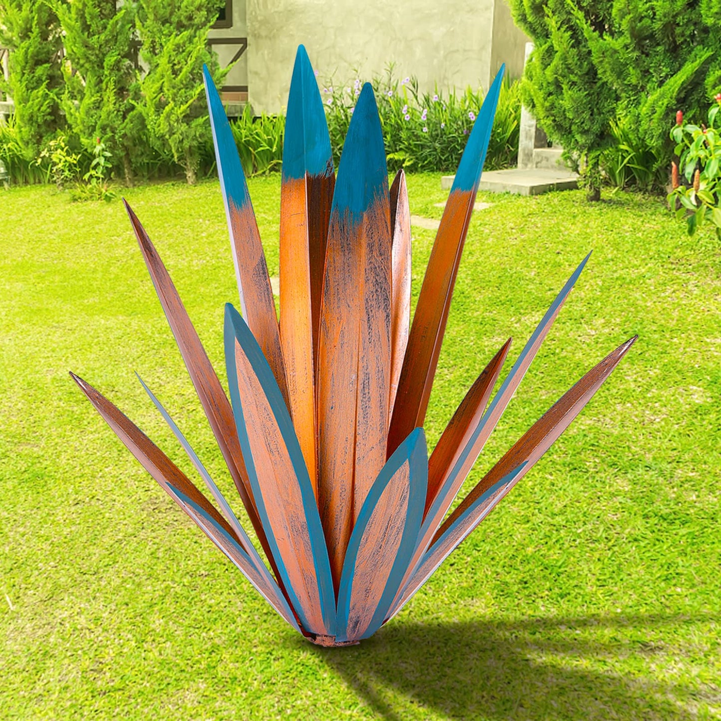 TOMBABY Large Leaf Thickened Metal Agave Plant Outdoor Decoration Desert Courtyard Art Plant Garden Decoration Outdoor Metal Art Floral Gift for Yard (2, Blue)