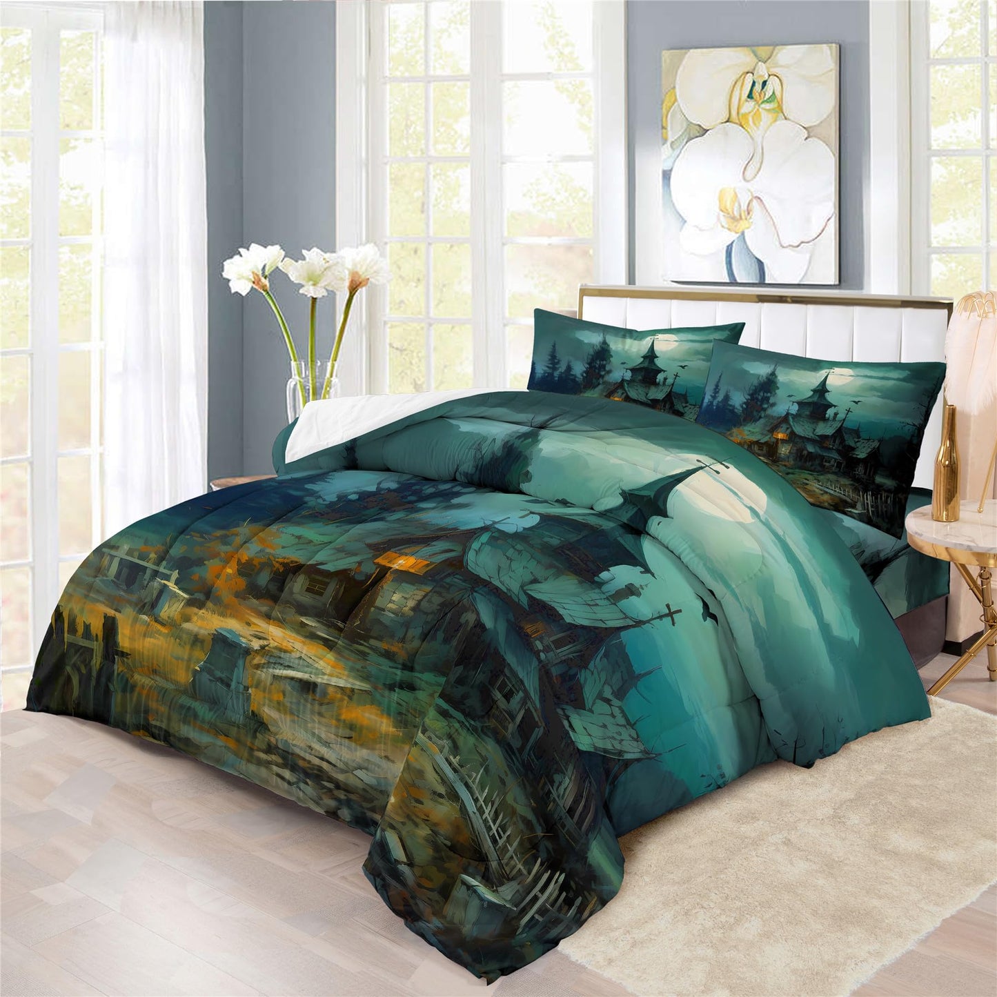 Halloween Ghost Haunted House Design Comforter Set | Horror Festive Night Spooky Manor Prints Bedding Set | with Soft Comforter+2 Pillow Shams(3PCS) or Sheet (4PCS) (A,Queen-3PCS)