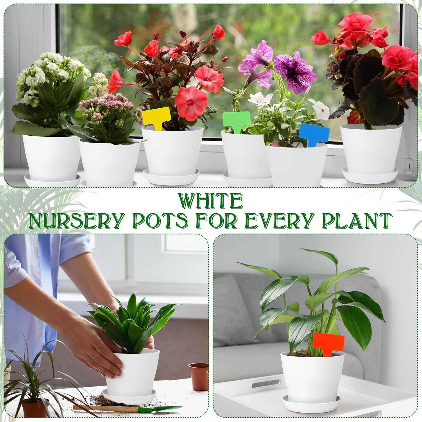 Aodaer 16 Pack 4 Inch Plastic Planters with Multiple Drainage Holes and Tray Indoor Outdoor Flower Plant Nursery Pots with Labels Flower Seedling Pots for Herb Garden Home Succulents, White