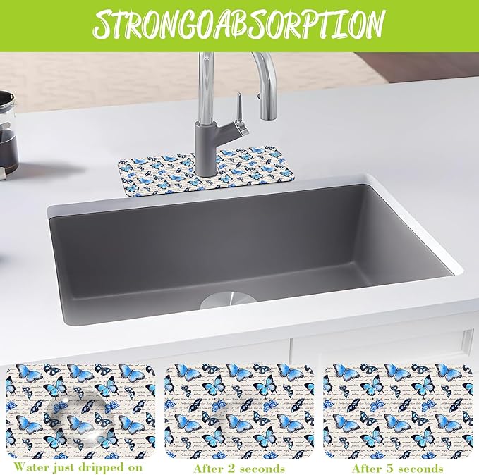 Sink Splash Guard Faucet Mat Watercolor Butterflies Absorbent Fast Drying Mat