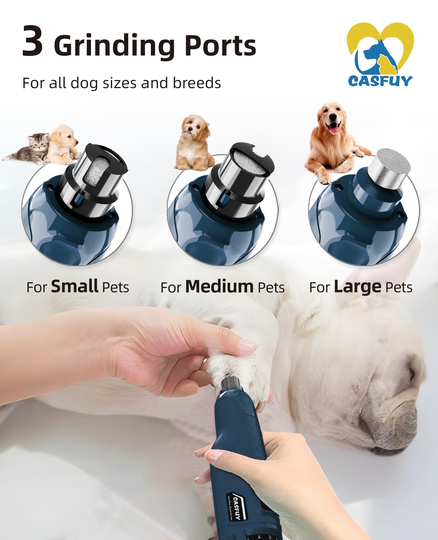 Casfuy Dog Nail Grinder Quiet - (45db) 6-Speed Pet Nail Grinder with 2 LED Lights for Large Medium Small Dogs/Cats, Professional 3 Ports Rechargeable Electric Dog Nail Trimmer with Dust Cap