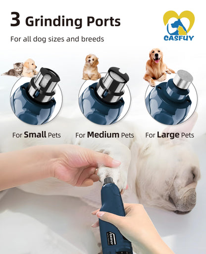 Casfuy Dog Nail Grinder Quiet - (45db) 6-Speed Pet Nail Grinder with 2 LED Lights for Large Medium Small Dogs/Cats, Professional 3 Ports Rechargeable Electric Dog Nail Trimmer with Dust Cap