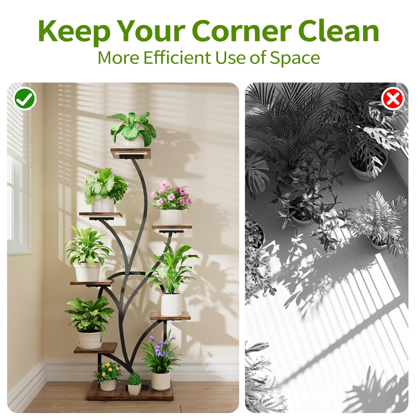 BEVAURORA Plant Stand Indoor with Grow Lights - 51" Tall Plant Stand, Corner Plant Shelf for Indoor Plants, 8 Tiered Lighted Flower Holder, Vase-shaped Plant Rack for Home, Black & Brown
