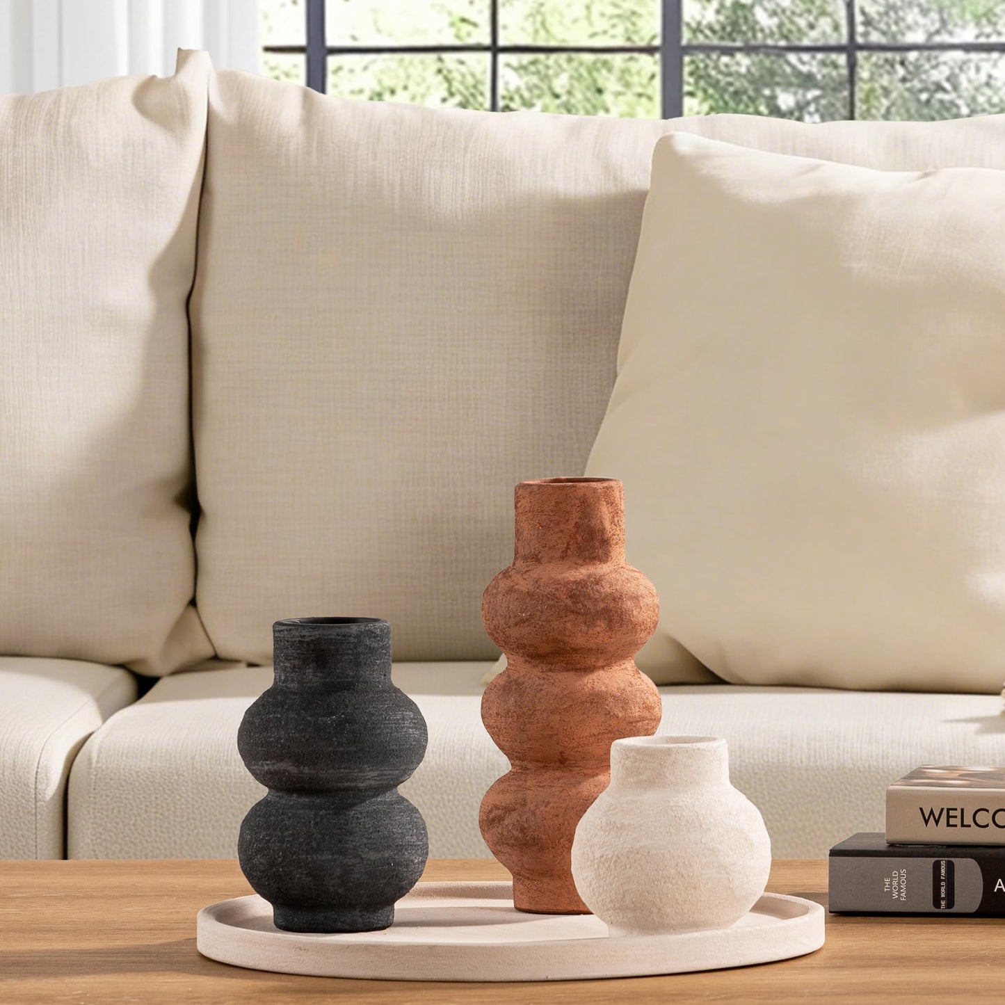 Ceramic Vase Home Table Decor - Flower Vase Set of 3 Living Room Kitchen Decorations Farmhouse Modern Rustic Vases Decorative Centerpiece for Shelf Bedroom Office Bathroom Dining Coffee Desk