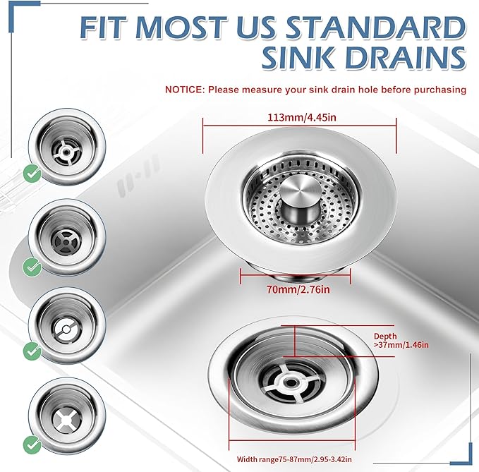 3 in 1 Kitchen Sink Drain Strainer ，304 Stainless Steel Kitchen Sink Stopper