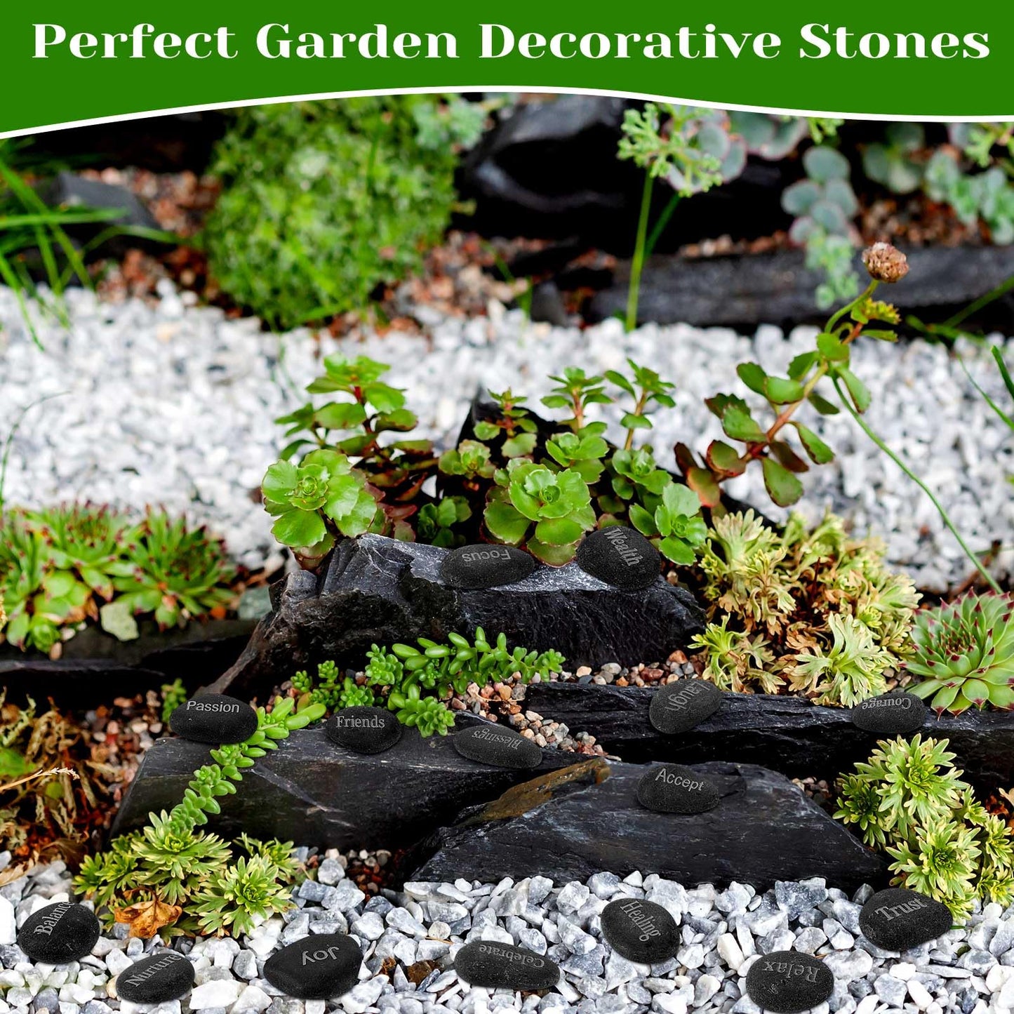 Fabbay 40 Pcs Engraved Inspirational Rocks, Encouragement Worry Stones with Words, Natural River Stone Bulk Set for Garden Decor, Meditation, Positive Gifts & Easter Decorations(Black)