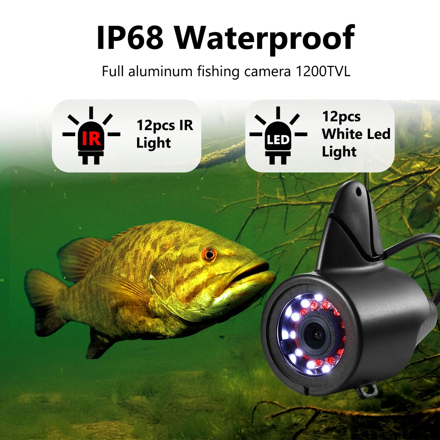 [FishPRO® 2026 Upgrade] Underwater Fishing Camera - [No Slide Off] 7'' Ice Fishing Camera Underwater 1200TVL w/Bracket,12pcs IR + 12pcs LED, 4,500mAh, Portable Fish Finder Ice Fish Gifts for Men, 65ft
