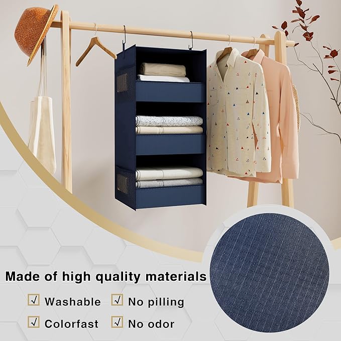 3-Shelf Hanging Closet Organizer and Storage, Foldable Hanging Closet Shelves