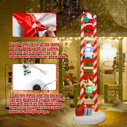Joliyoou 10FT Christmas Inflatable Decorations, Giant Lighted Ladder Blowups Climbed with Reindeer, Santa, Snowman, C7 String Lights for Xmas Winter Holiday Roofs Trees Balconies Decor