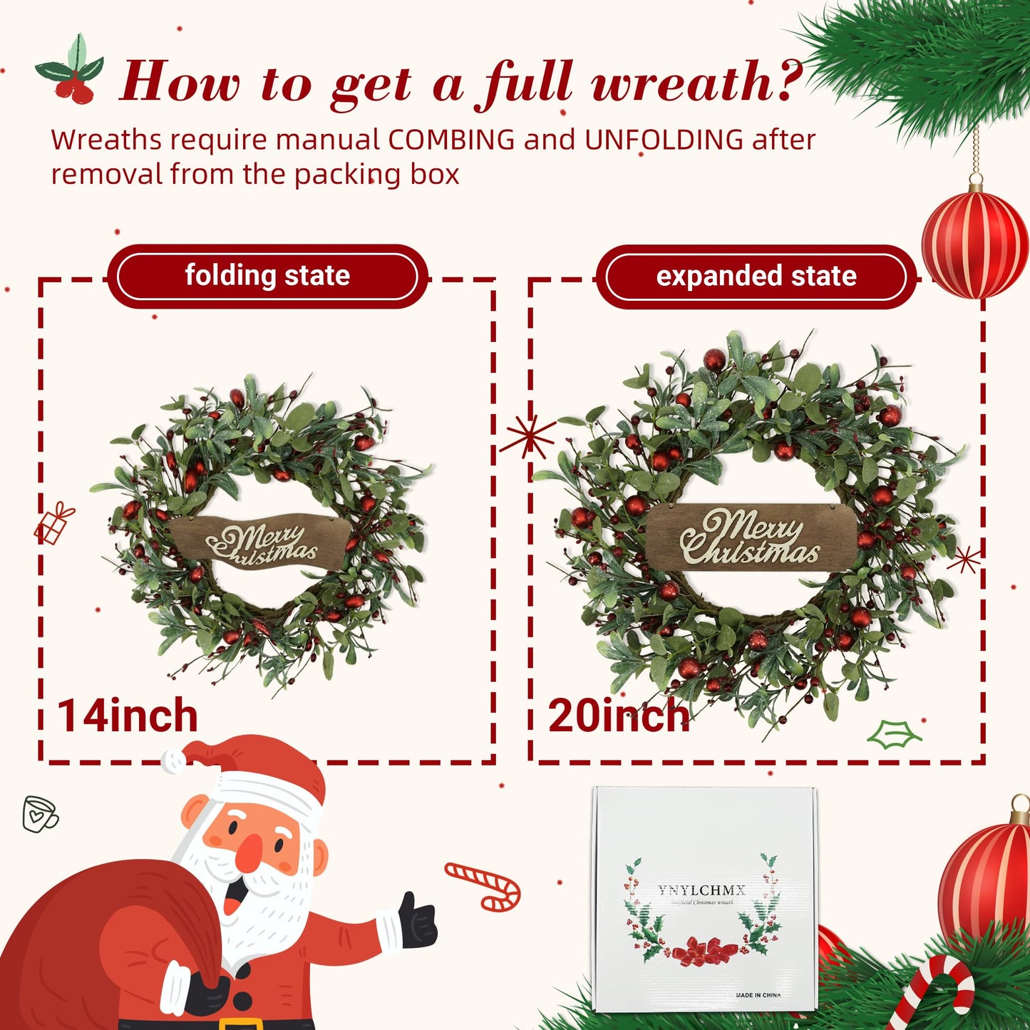 YNYLCHMX 20 Inch Christmas Wreath for Front Door, Winter Wreath with Welcome Sign Eucalyptus leaves Red Berry, Artificial Door Xmas Wreaths for Window Wall Fireplace Farmhouse Holiday Party Decoration