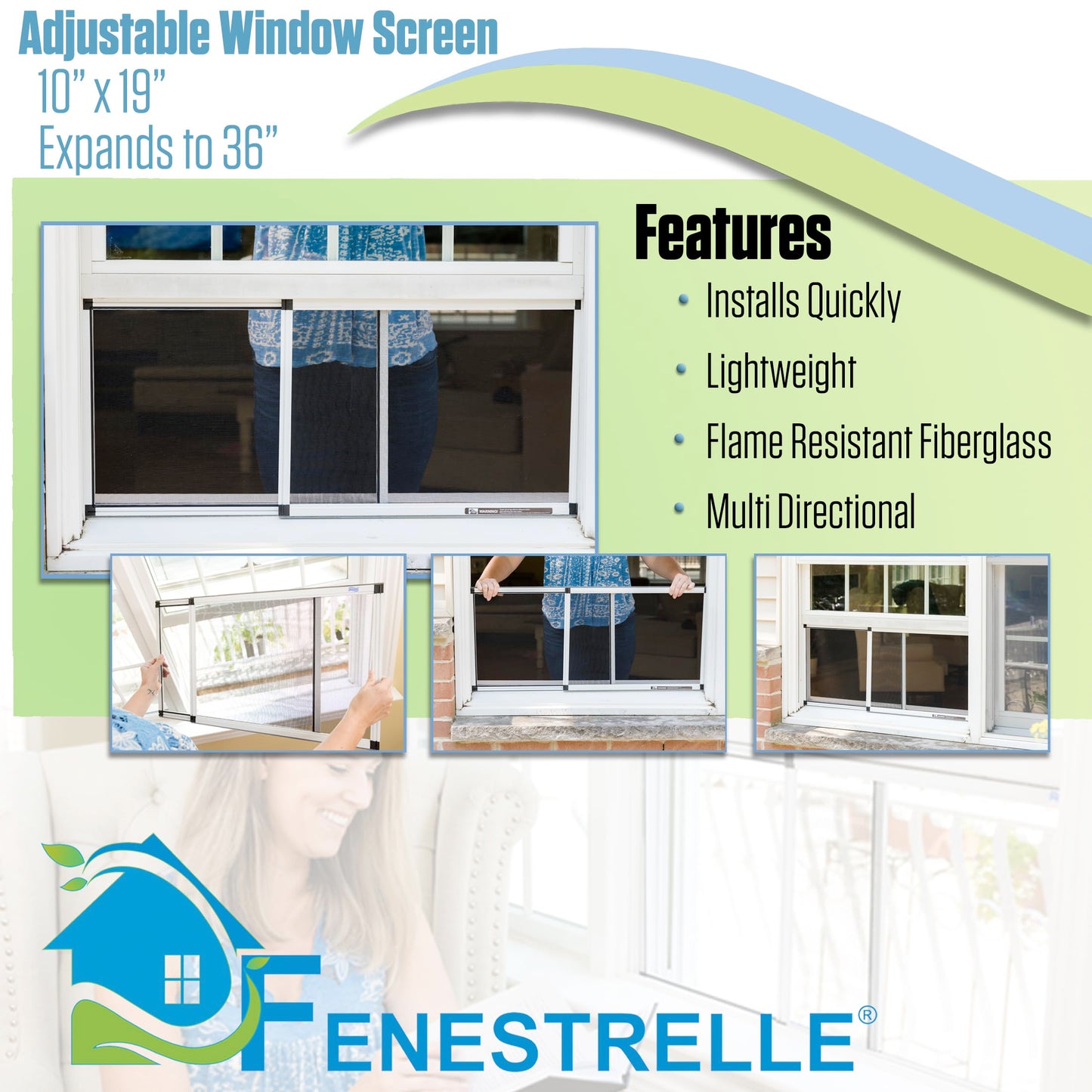 Fenestrelle Expandable Window Screen – 10″ H × 19″–36″ W Horizontal, 2‑Way Adjustable Window Screen with Flame Resistant Fiberglass Mesh, Pack of 10