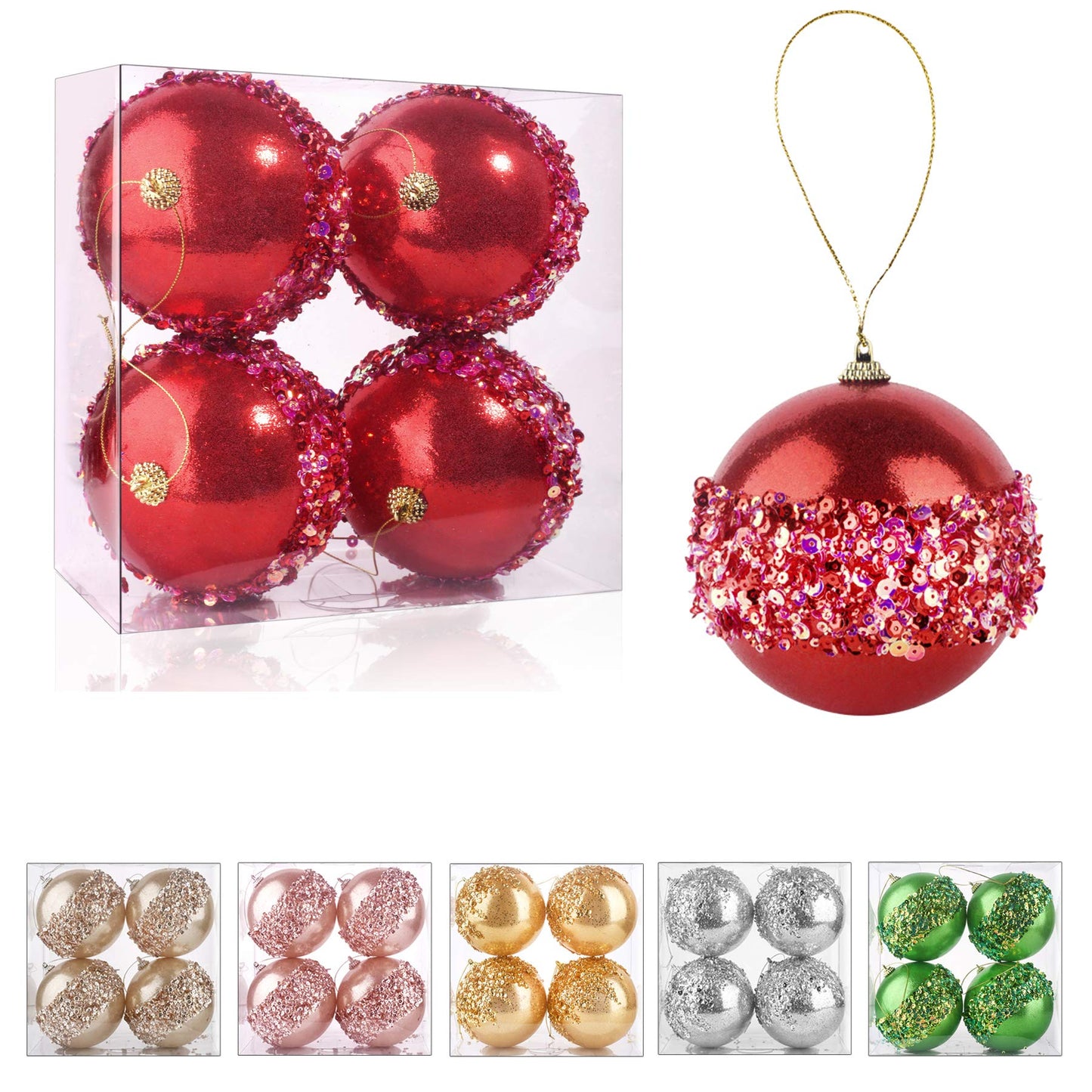 4" Christmas Ball Ornaments, 4pc Set Red Shatterproof Christmas Decorations Tree Balls for Xmas Trees Wedding Party Holiday Decorations