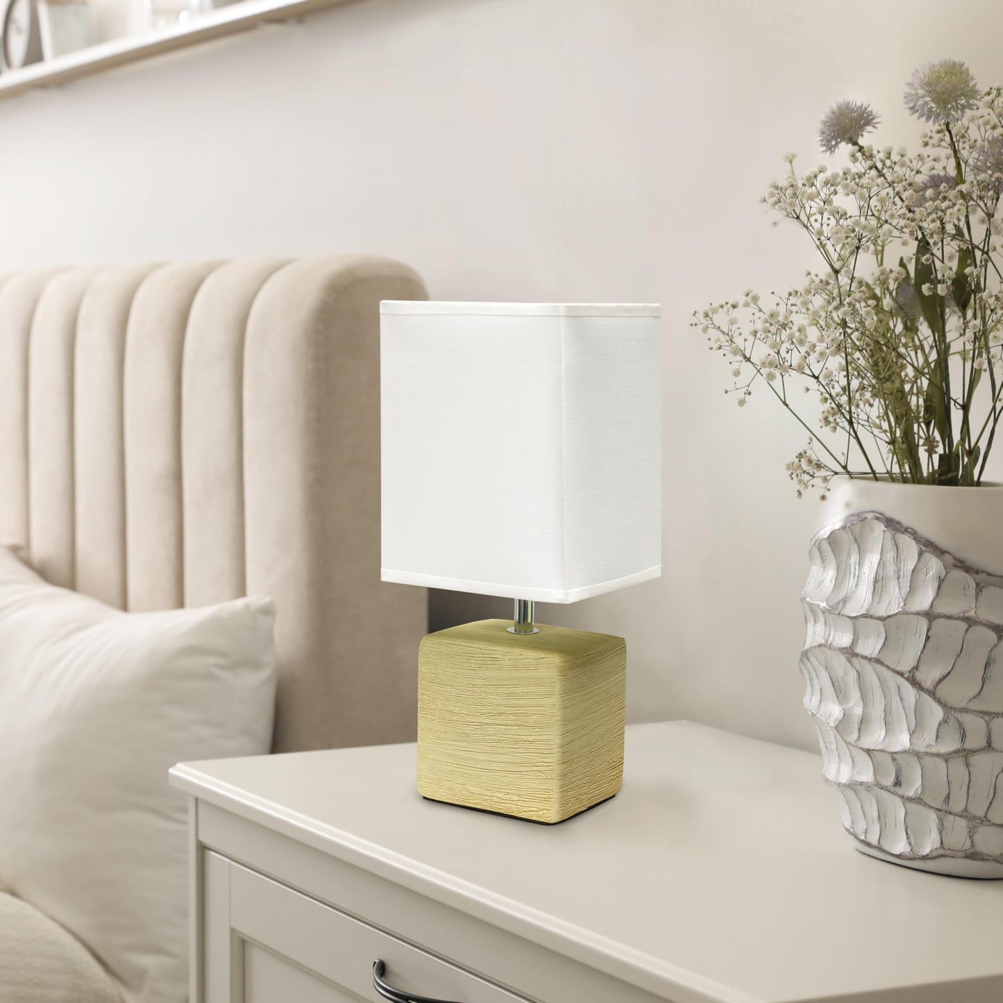 Simple Designs LT1218-BGE 11.81" Mini Cube Faux Stone Ceramic Table Lamp, for Living Room, Bedroom, Office, Beige with White Shade