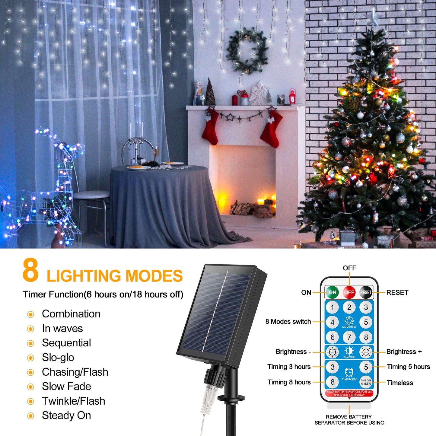 mimigogo 300 LED Solar Icicle Lights Outdoor with Remote Control, 33ft 8 Modes Curtain String Lights with 50 Drops, Christmas Holiday Wedding Party Decorations, White