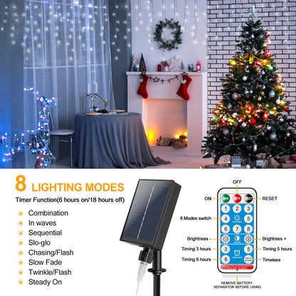 mimigogo 300 LED Solar Icicle Lights Outdoor with Remote Control, 33ft 8 Modes Curtain String Lights with 50 Drops, Christmas Holiday Wedding Party Decorations, White