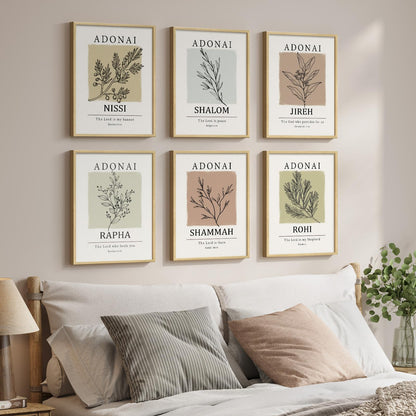 Framed Christian Scripture Wall Art, Set of 6 Minimalist Bible Verse Prints, Names of God Faith Based Neutral Boho Botanical Leaf Artwork for Bedroom Living Room Office Hallway Home Decor, 11x14 Inch