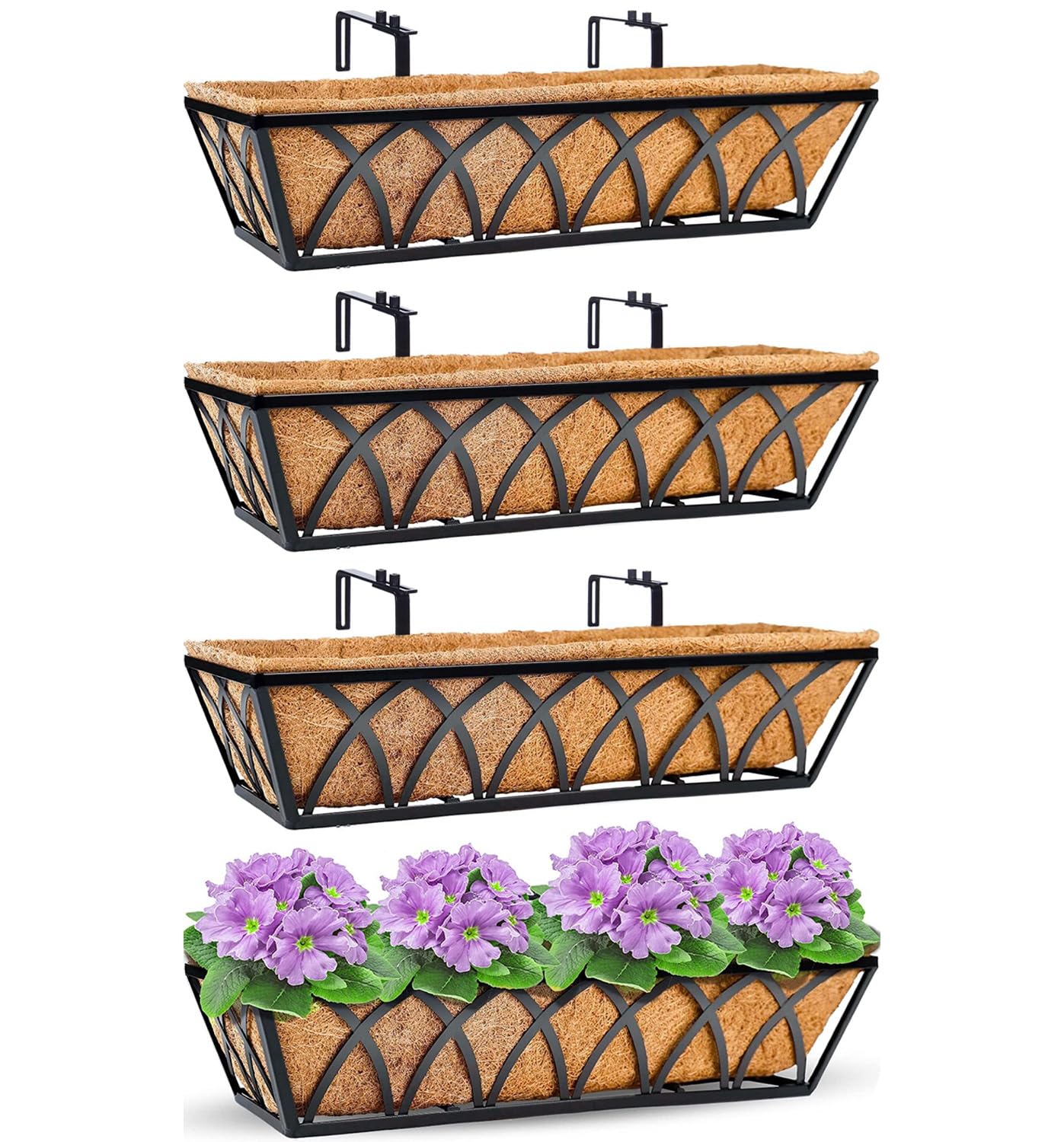 Y&M 4pcs 24 Inch Planter, Metal Window Boxes with Coco Liner, Indoor Outdoor Hanging Flower Planter for Garden, Lawn, Balcony, Porch, Fence, Patio Rail