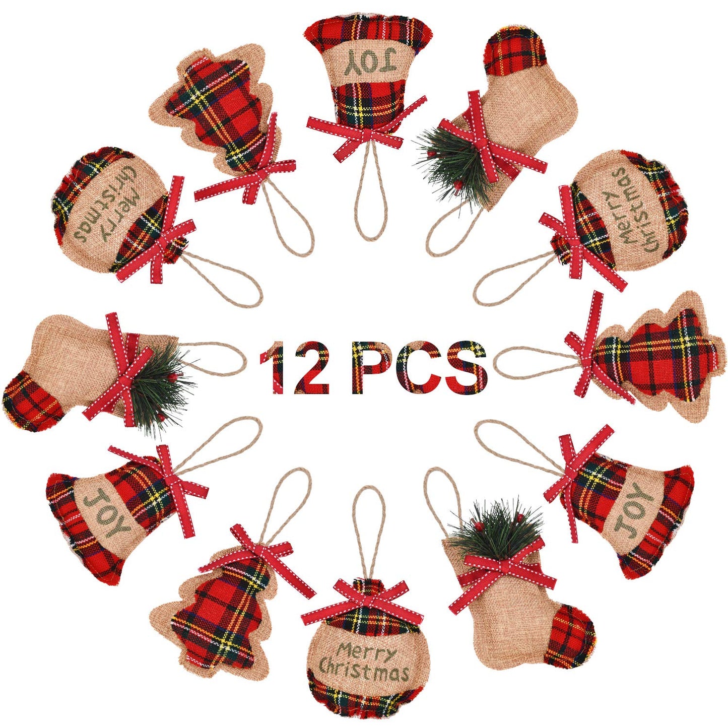 Jetec 12 Pieces Buffalo Plaid Christmas Ornaments Rustic Tartan Burlap Farmhouse Christmas Tree Decors Red Black Buffalo Xmas Tree Ball Plaid Stocking Bell Shaped Hanging Ornaments for Xmas Party