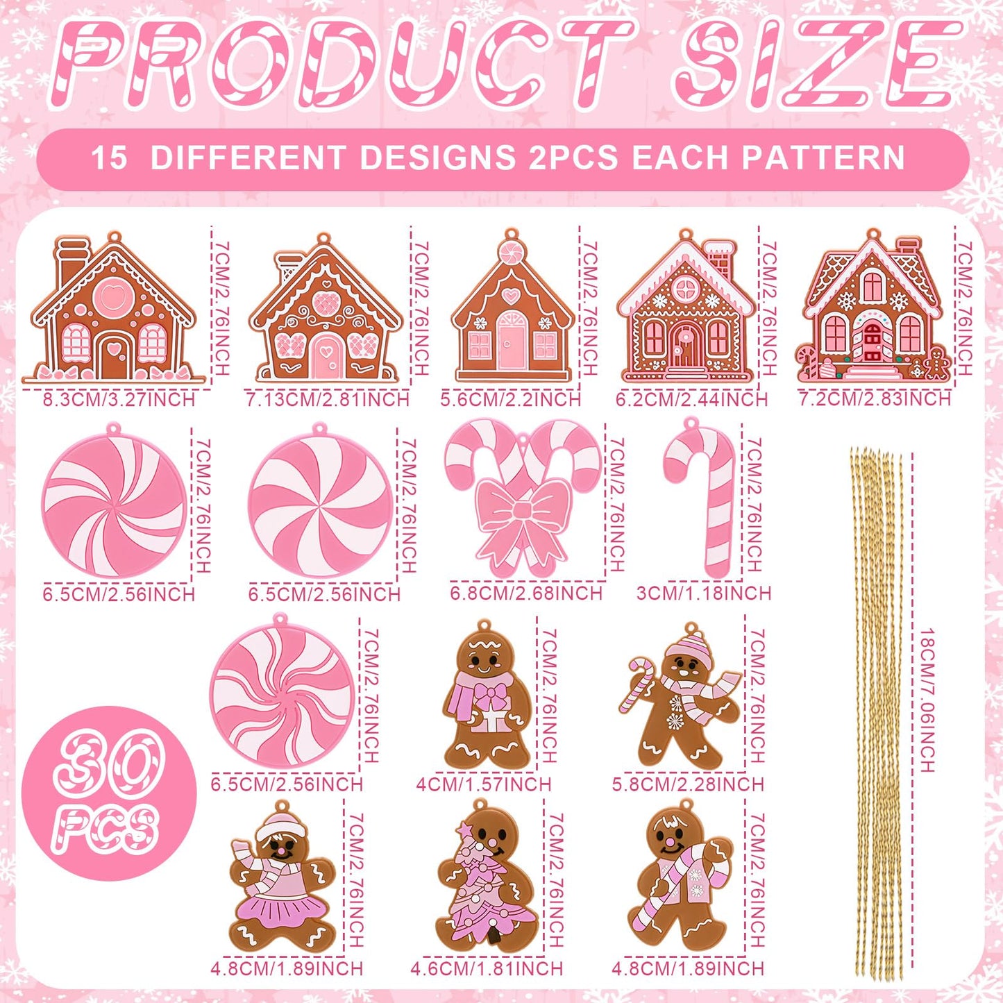 Vertintong 30 Pcs Pink Christmas Gingerbread Hanging Ornaments Pastel Gingerbread Ornaments Candy and House Soft PVC Christmas Tree Wall Hanging Decoration for Xmas Party Office Home Decor Winter