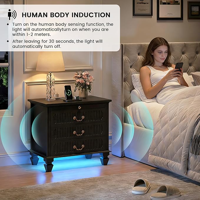 25.6'' Wide Bedside Table with 3 Drawers & Pull-out Tray, Smart Night Stand