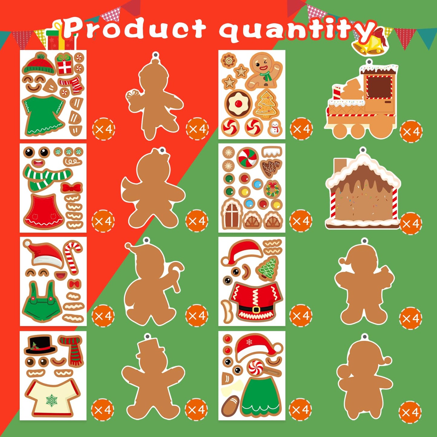 Christmas Gingerbread Man Craft Kit for Kids, Make a Gingerbread House Hanging Ornament Sticker Kit, Christmas Party Favor Home Classroom Activity(24 Sets)