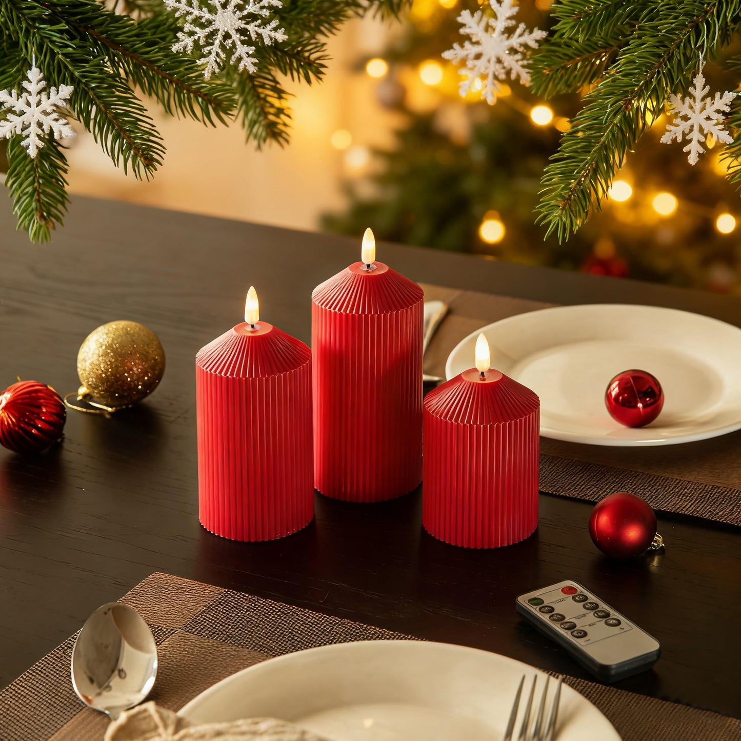 LUSHARBOR Flameless Candles with Remote, Battery Operated Candles Real Wax LED Fake Pillar Candles with Timer Flickering Flame for Wedding Home Party, Set of 3 Red