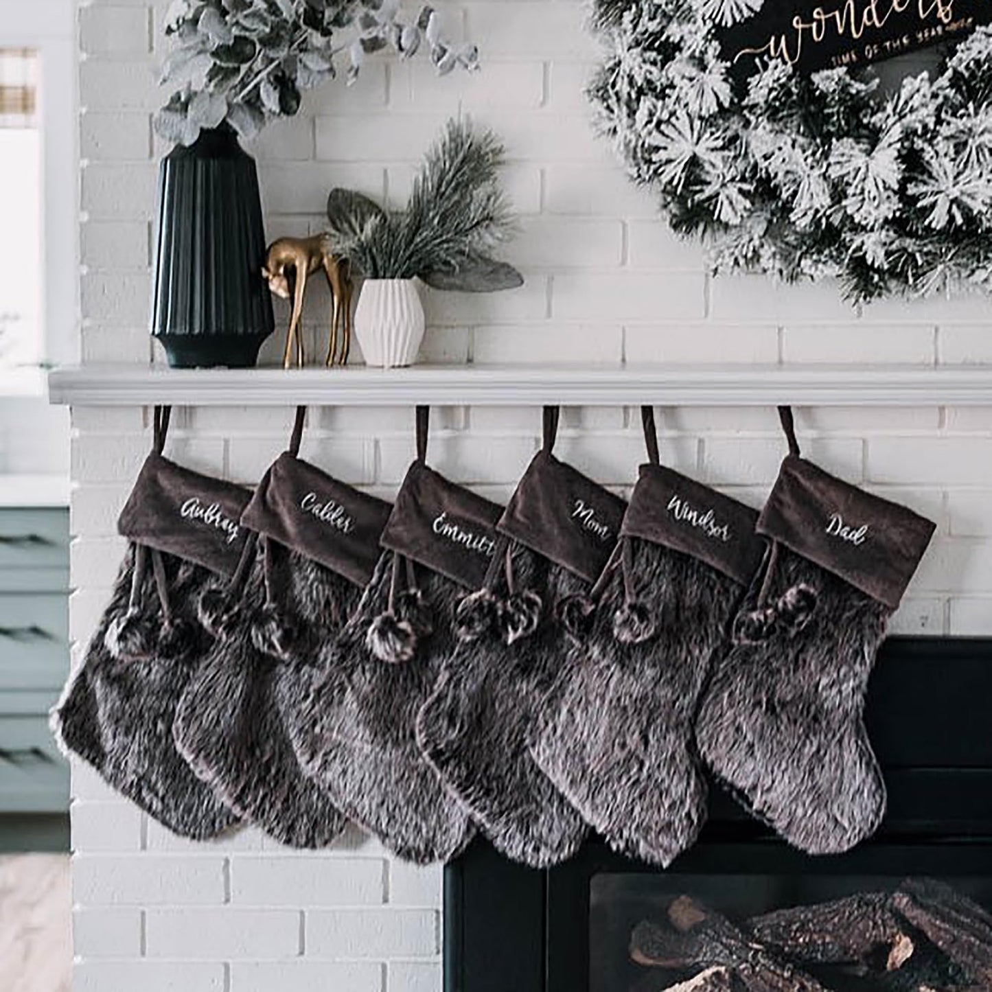 Personalization Universe Personalized Faux Fur Christmas Stocking in Grey - Customizable with Any Name or Monogram, Perfect for Holiday Decorations, 20" L x 8" W, 100% Polyester, Spot Clean Only